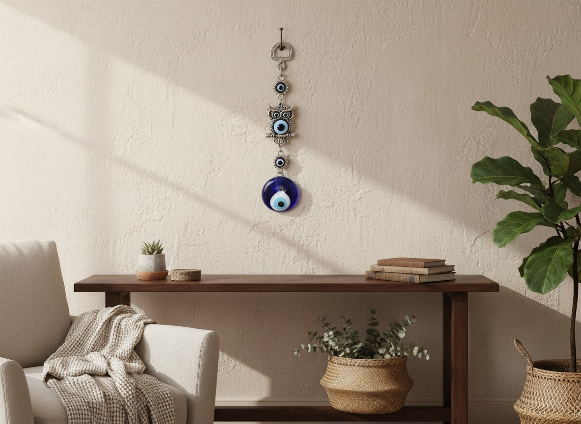 Owl Evil Eye Wall Decor| Glass & Metal Owl Charm