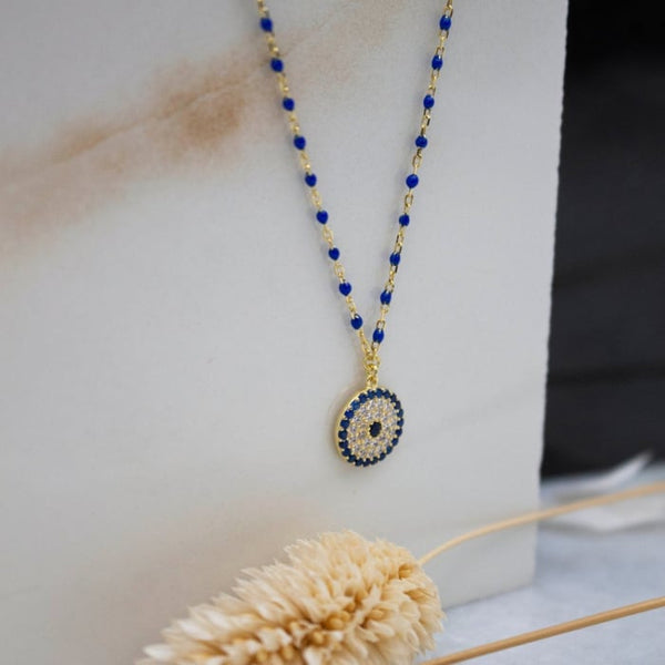 Sterling Silver Gold Vermeil zircon Blue Enamel Evil Eye Necklace