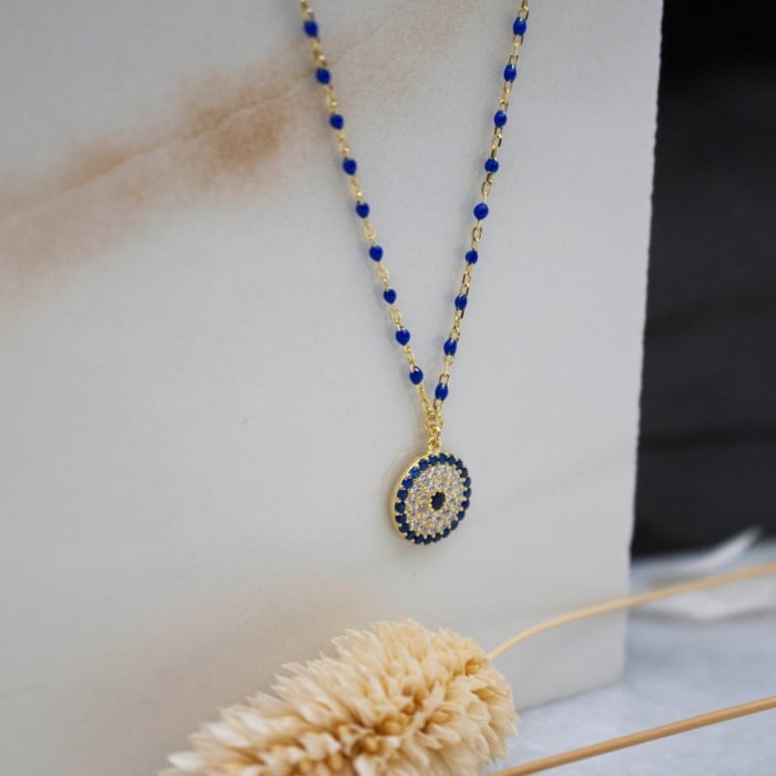 Sterling Silver Gold Vermeil zircon Blue Enamel Evil Eye Necklace