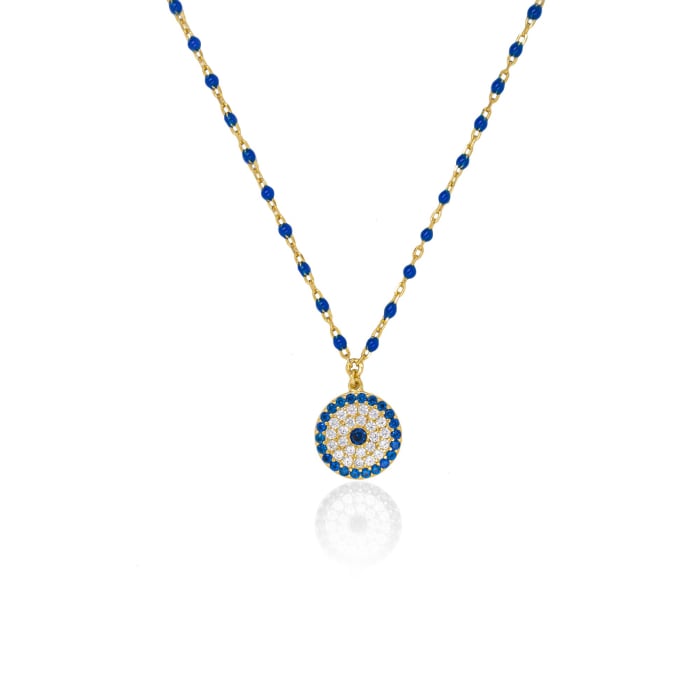 Sterling Silver Gold Vermeil zircon Blue Enamel Evil Eye Necklace