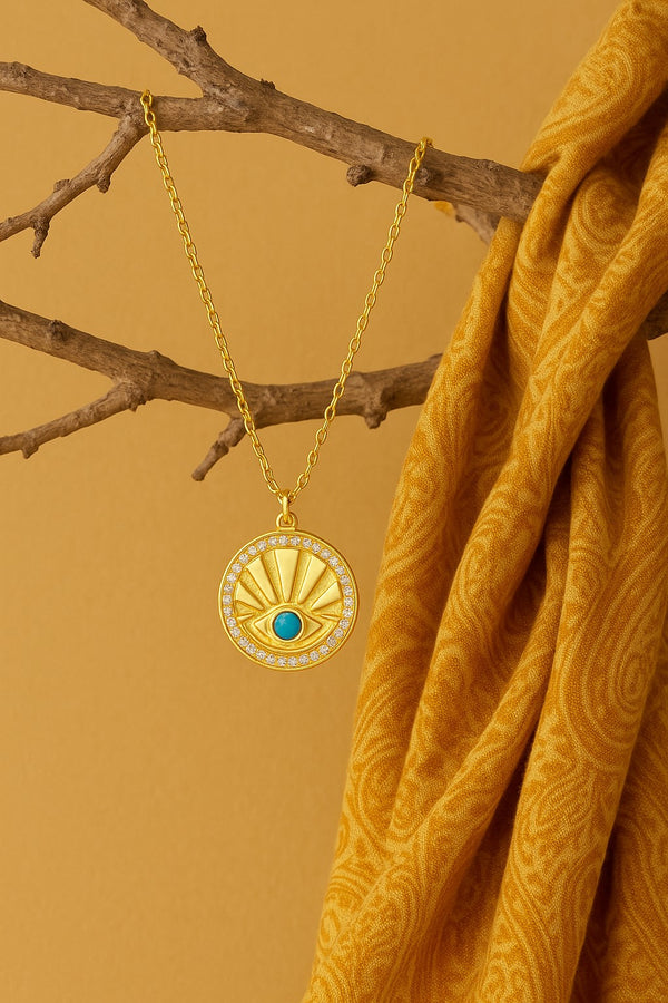 Sterling Silver Gold Vermeil Zircon Blue Opal Evil Eye with Coin Necklace