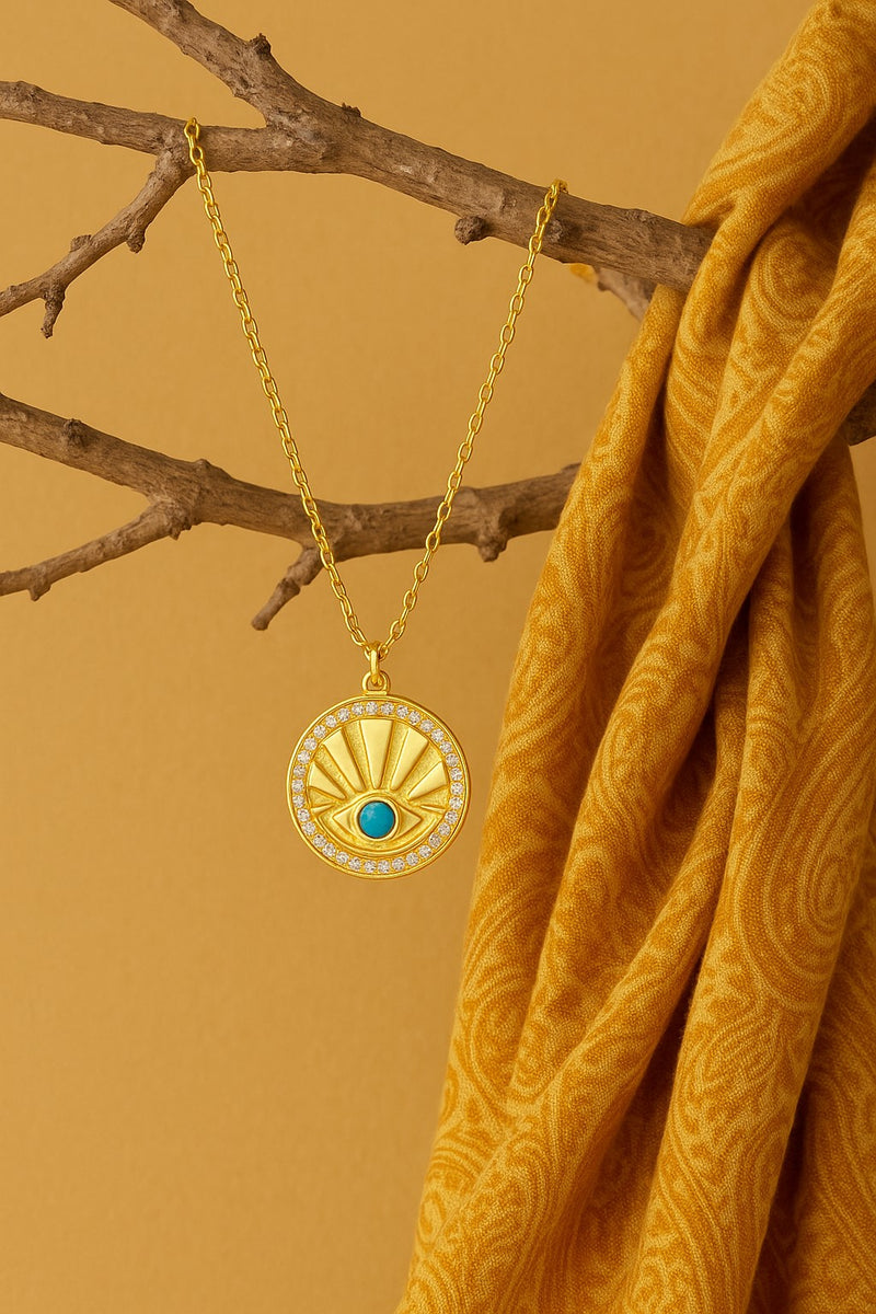 Sterling Silver Gold Vermeil Zircon Blue Opal Evil Eye with Coin Necklace