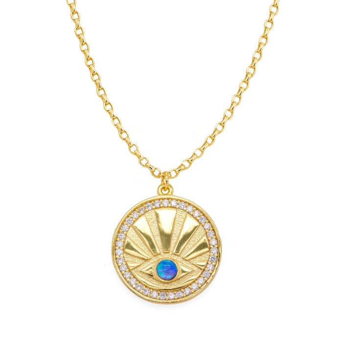 Sterling Silver Gold Vermeil Zircon Blue Opal Evil Eye with Coin Necklace