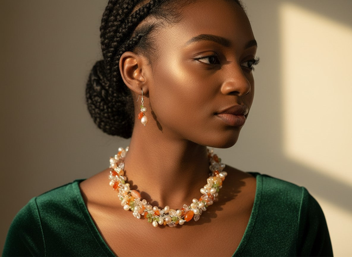 Freshwater Pearl & Natural Stone Necklace and Earrings Set