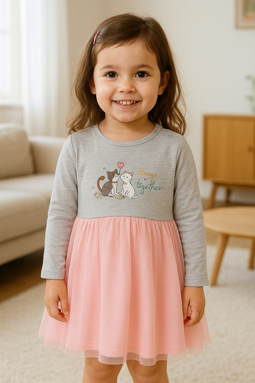 Girls Cotton Dress with Cats Print