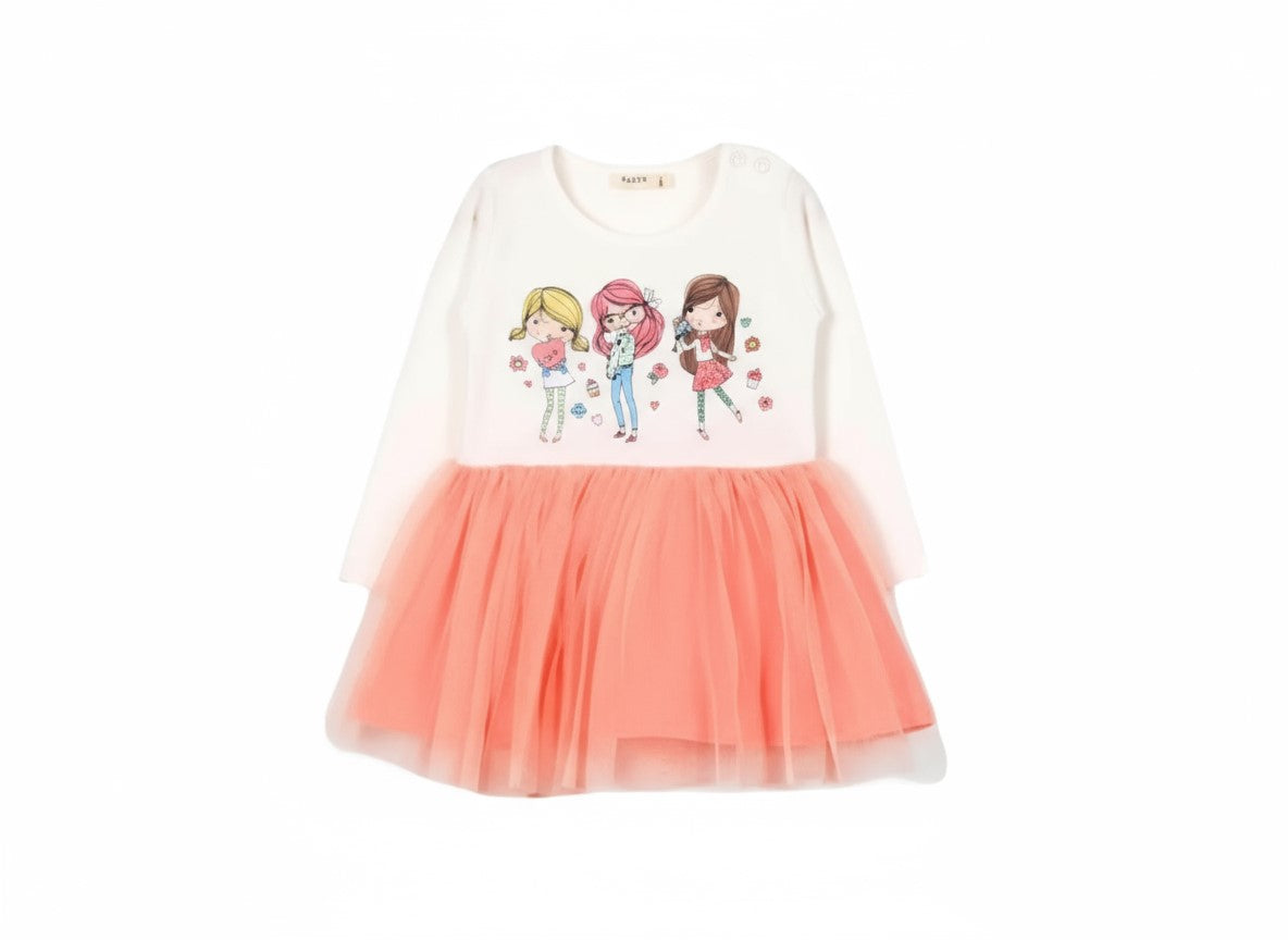 Girls Cotton Dress with 3 Girls Print