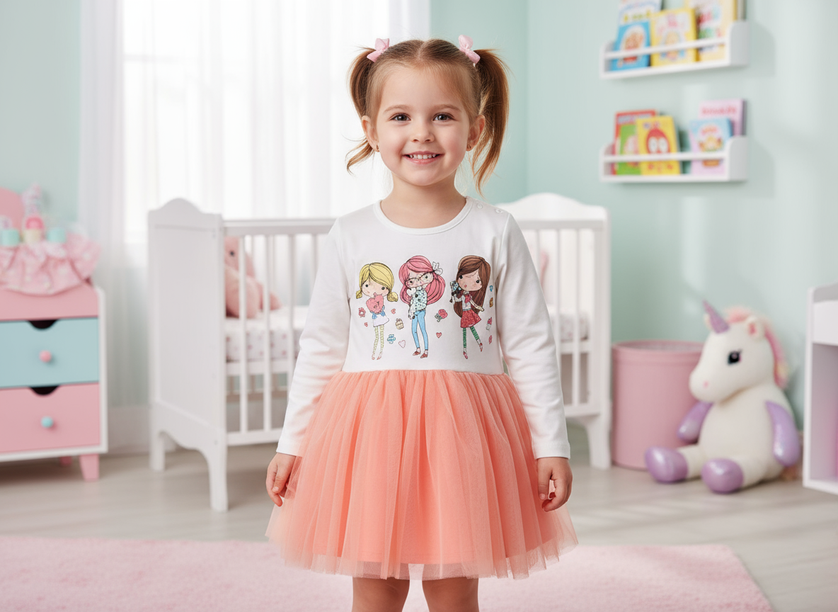 Girls Cotton Dress with 3 Girls Print