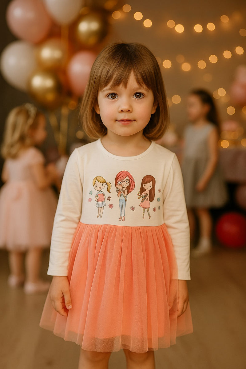 Girls dress with 3 girl print – cotton Lycra blend – ages 1.5 to 5 years

