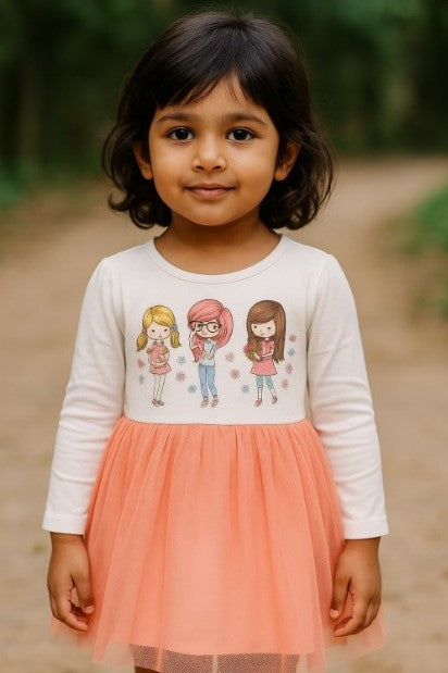 Girls dress with 3 girl print – cotton Lycra blend – ages 1.5 to 5 years

