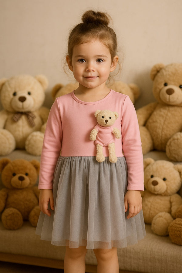 Girls dress with teddy bear pocket – cotton blend – sizes 3 to 8 years – made in Turkey

