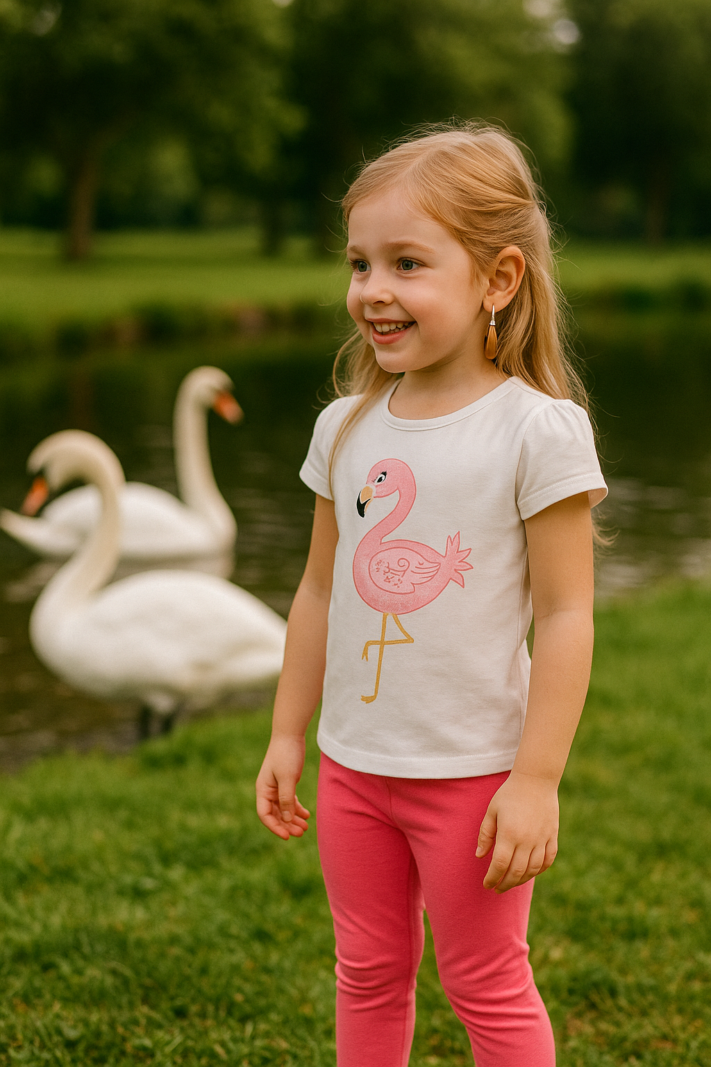 Girls cotton top and pants set with swan print – made in Turkey

