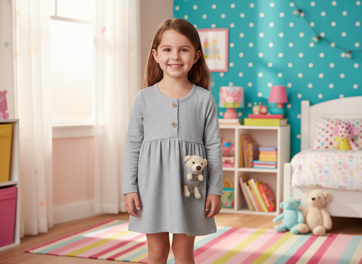 Girls Teddy Bear Pocket Dress