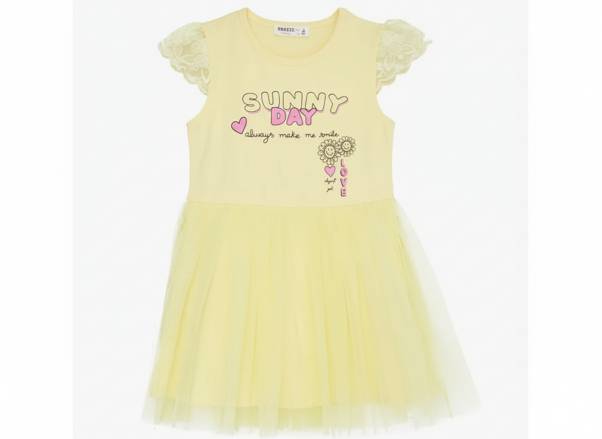 Yellow Girls Cotton Dress | Sunny Print | Made in Turkey