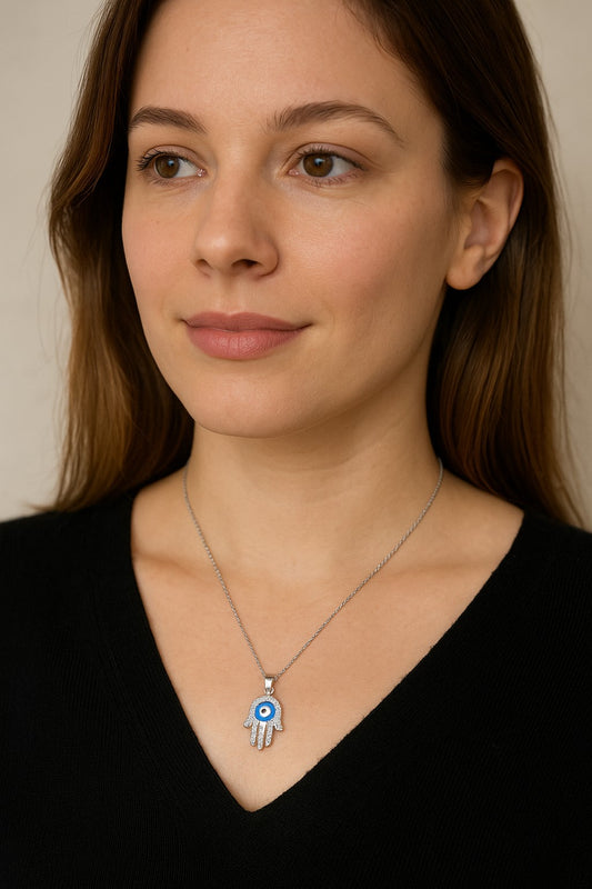 Sterling Silver Hamsa Hand Pendant with Evil Eye Protection