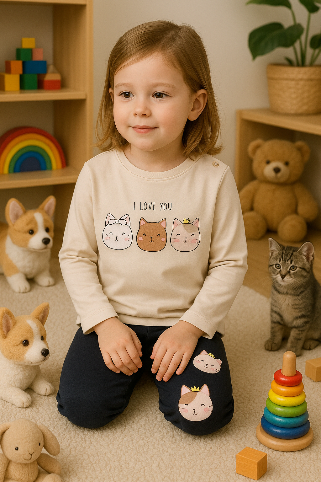 Toddler girls cat print top and pants set 

