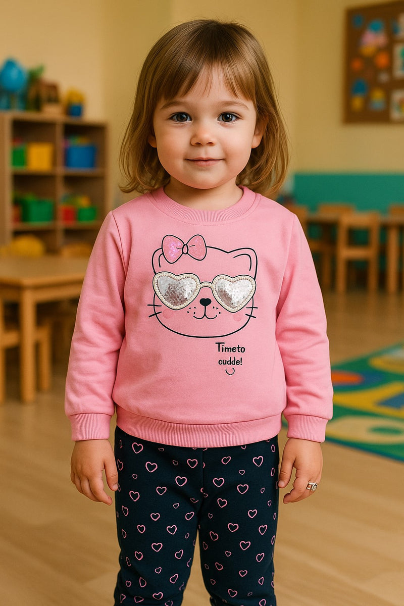 Girls cotton top and pants set with bear print – made in Turkey

