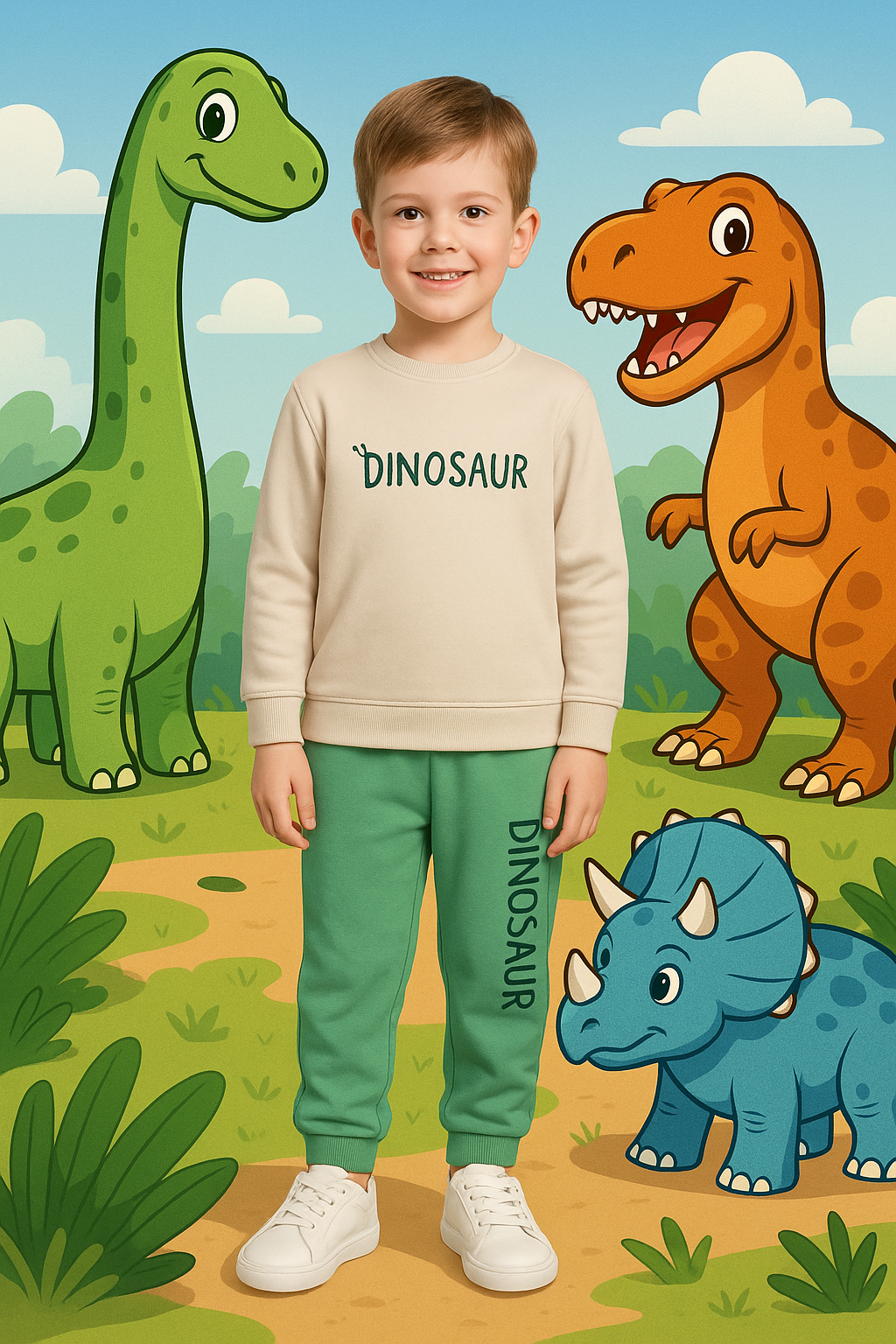 Boys Dinosaur Top & Pants Set Stretch Cotton Outfit

