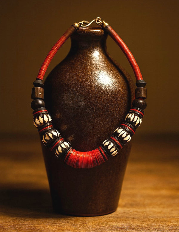 Handmade African Necklace with Red Kofi Beads & Carved Bone Accents