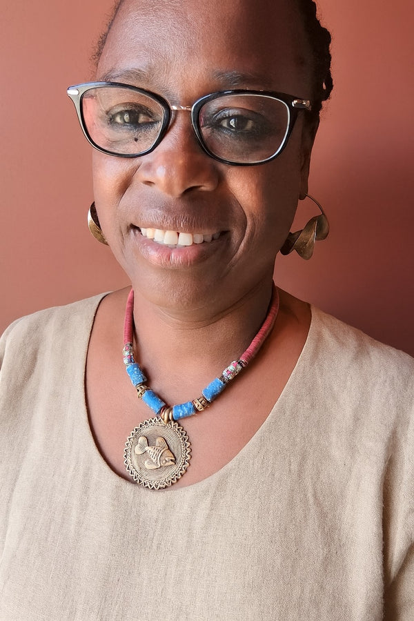 African Kofi Disc Necklace with Bronze Fish Pendant