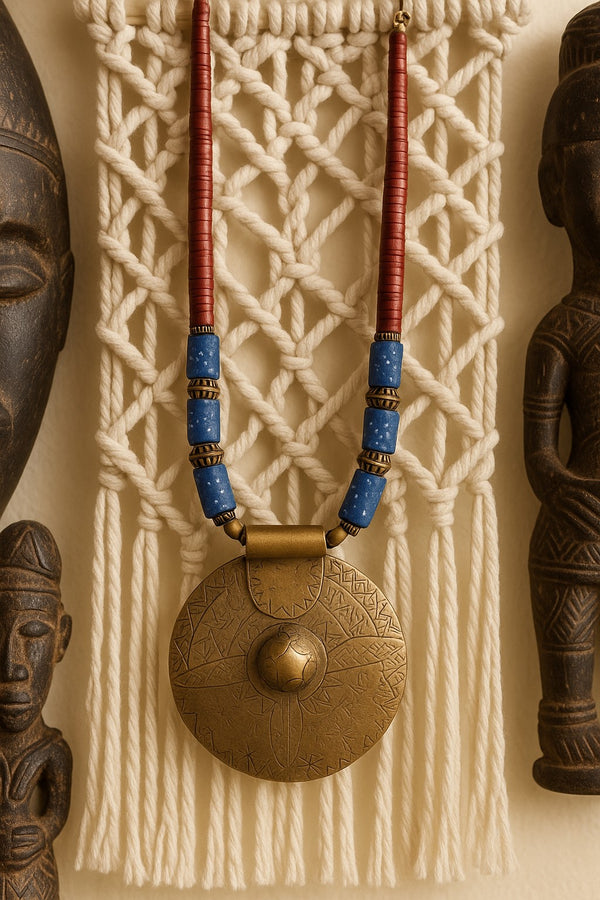 African Handmade Necklace with Kofi Beads and big round Bronze Pendant