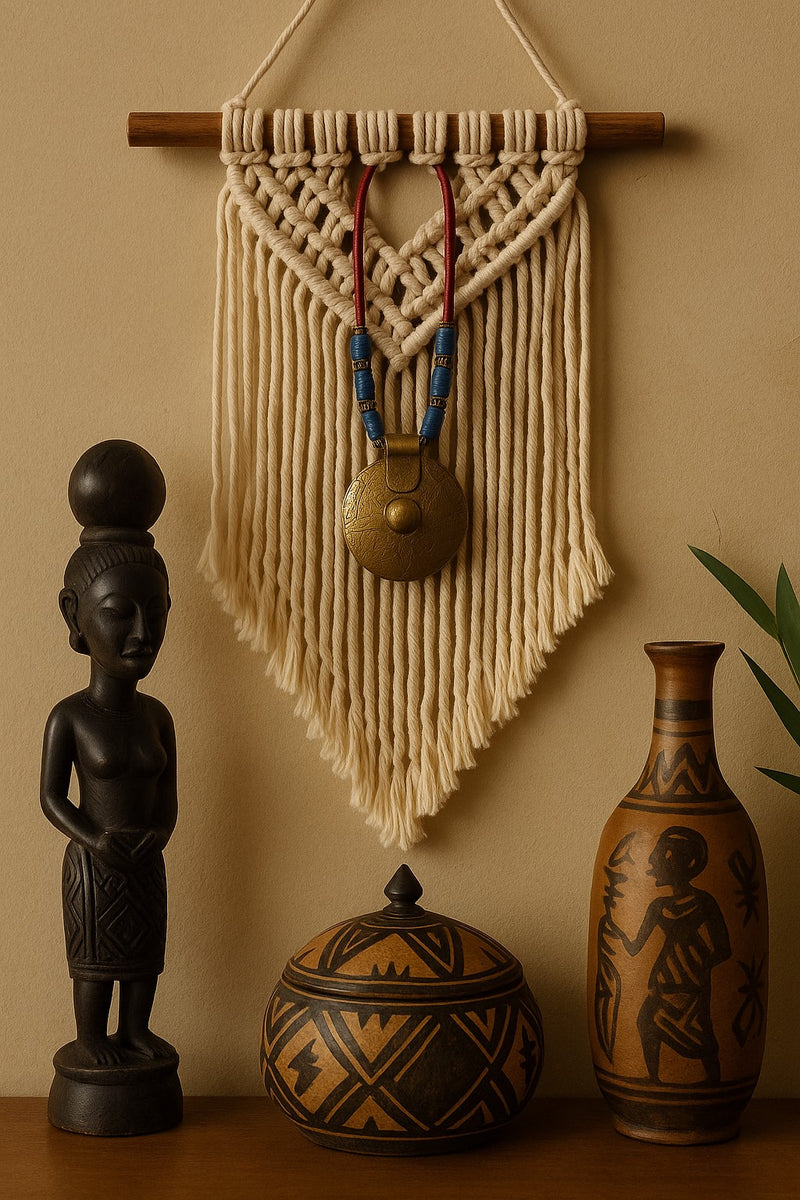 African Handmade Necklace with Kofi Beads and big round Bronze Pendant