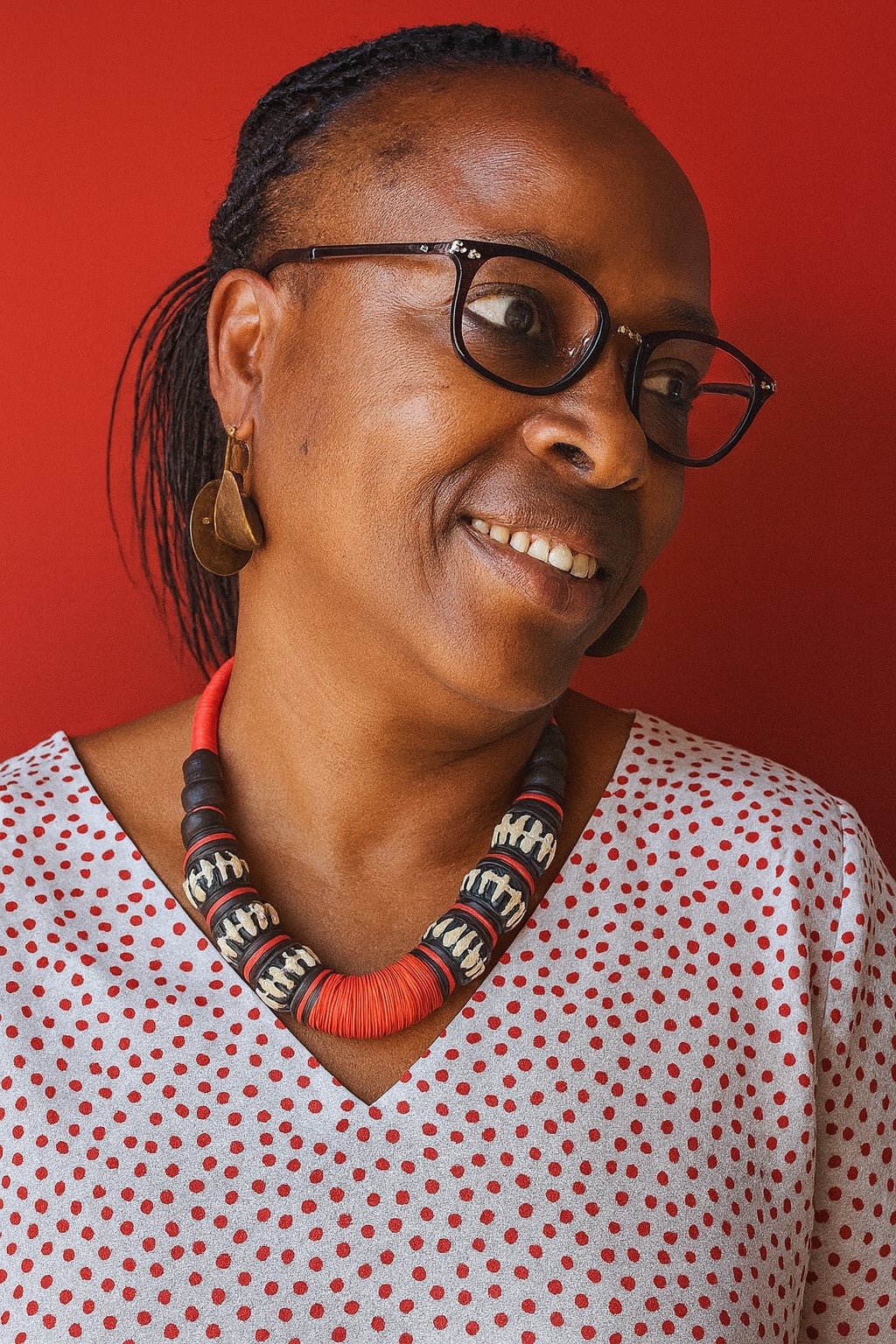 Handmade African Necklace with Red Kofi Beads & Carved  bones