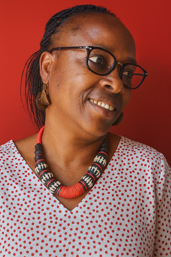 Handmade African Necklace with Red Kofi Beads & Carved Bone Accents