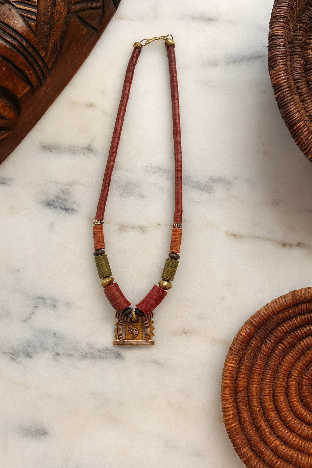 Handmade African Kofi Beads & Bronze Pendant Necklace – Tribal Artisan Jewelry