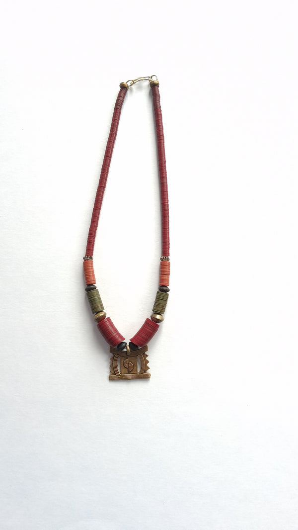 Handmade African Kofi Beads & Bronze Pendant Necklace – Tribal Artisan Jewelry