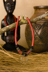 African Handmade Necklace with Kofi Beads and Bronze Pendant