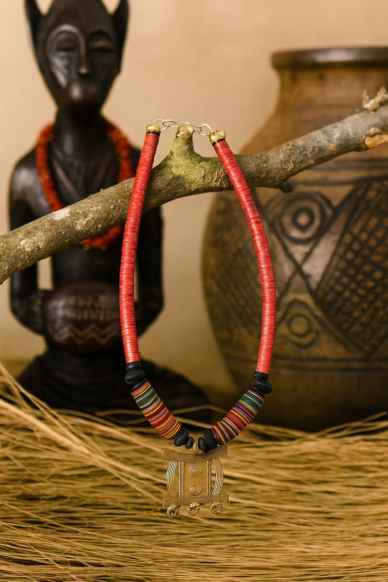 African Handmade Necklace with Kofi Beads and Bronze Pendant