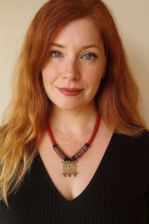 African Handmade Necklace with Kofi Beads and Bronze Pendant