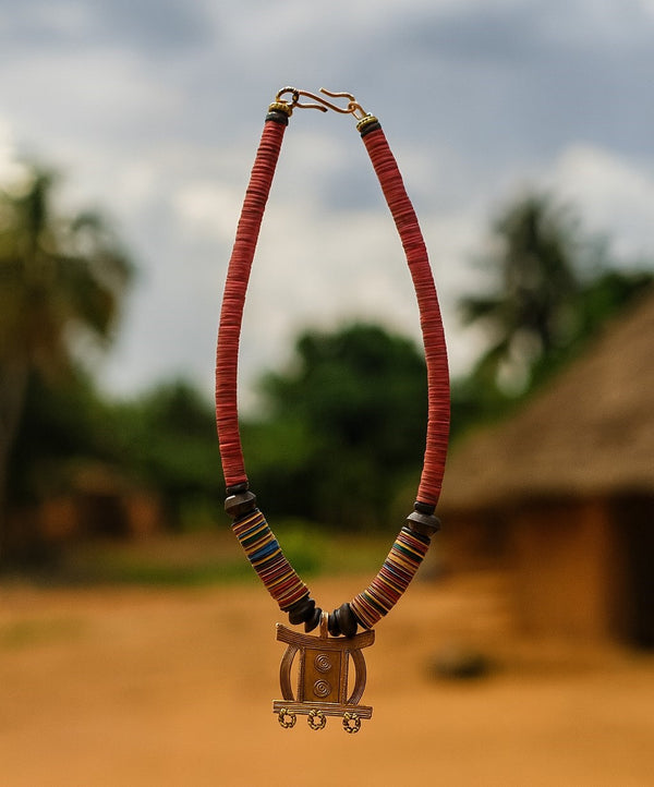 African Handmade Necklace with Kofi Beads and Bronze Pendant