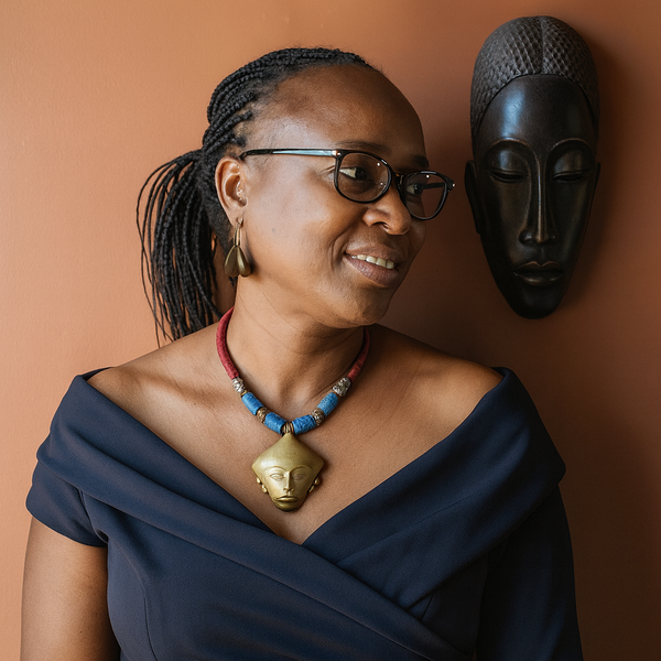 African Kofi Necklace with Bronze Mask & Glass Beads