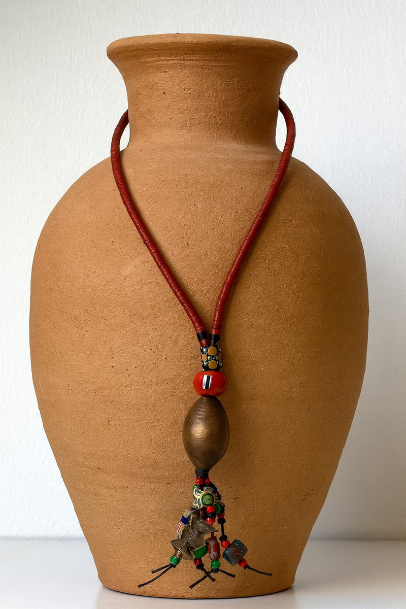 Handmade African Necklace with Kofi Beads, Glass Accents & Bronze Pendant