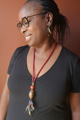Handmade African Necklace with Kofi Beads, Glass Accents & Bronze Pendant