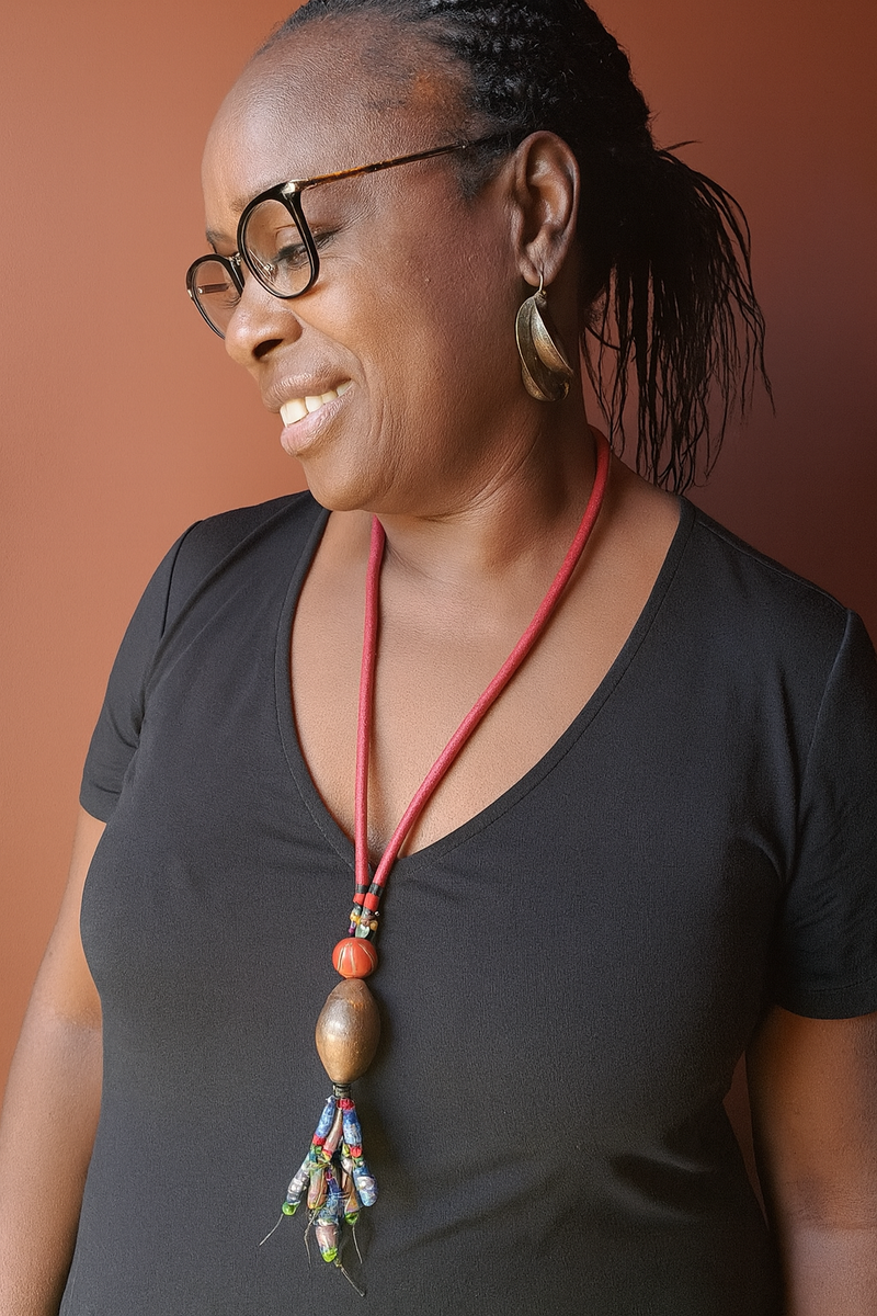 Handmade African Necklace with Kofi Beads, Glass Accents & Bronze Pendant