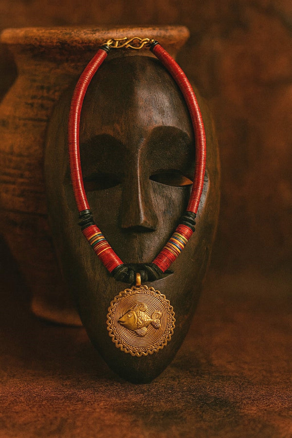 African Kofi Disc Necklace with Bronze Fish Pendant