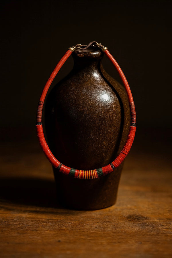 Handmade African Kofi Disc Beads Necklace – Red with Multicolor Accents