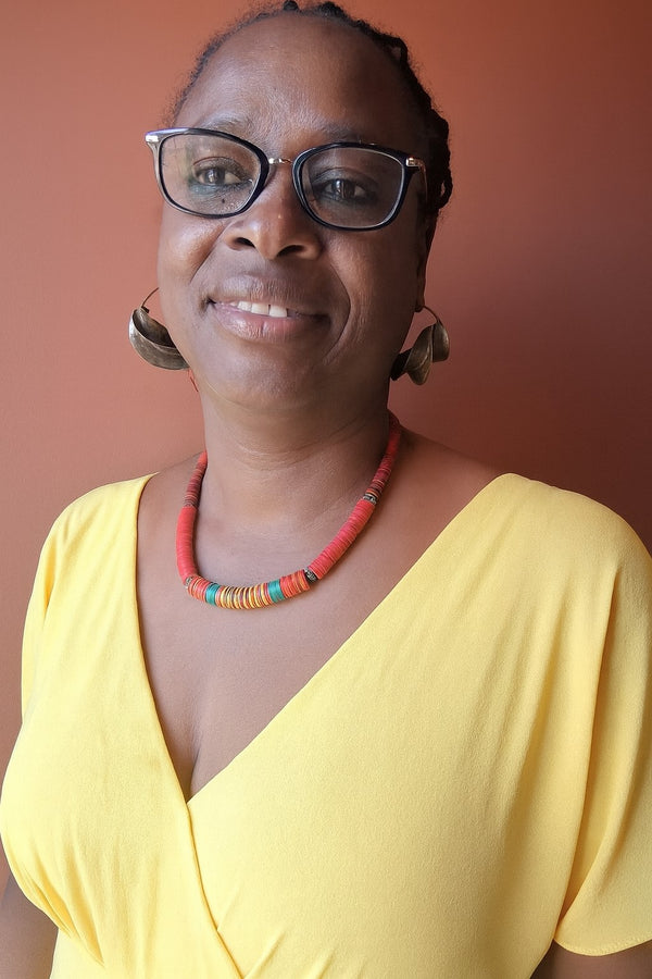 Handmade African Kofi Disc Beads Necklace – Red with Multicolor Accents