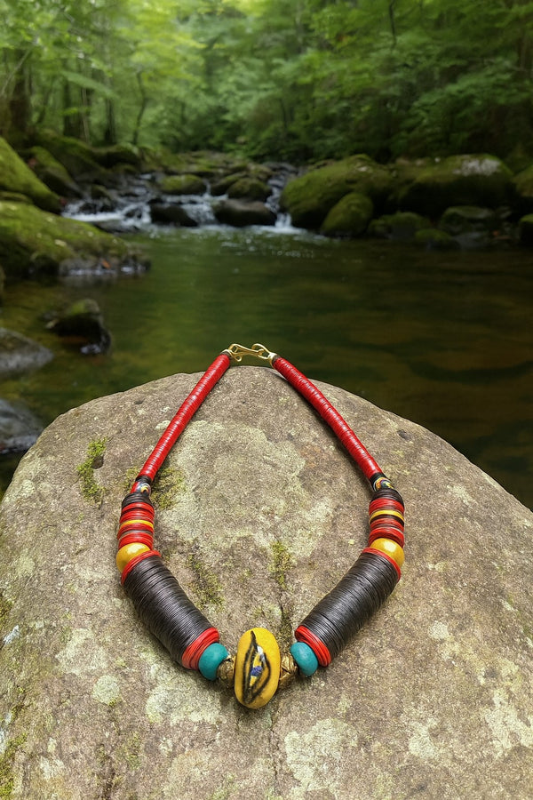 Handmade African Kofi Disc & Glass Bead Necklace