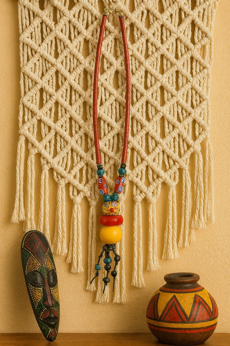 Handmade African Necklace with Kofi Beads, Glass & Wood
