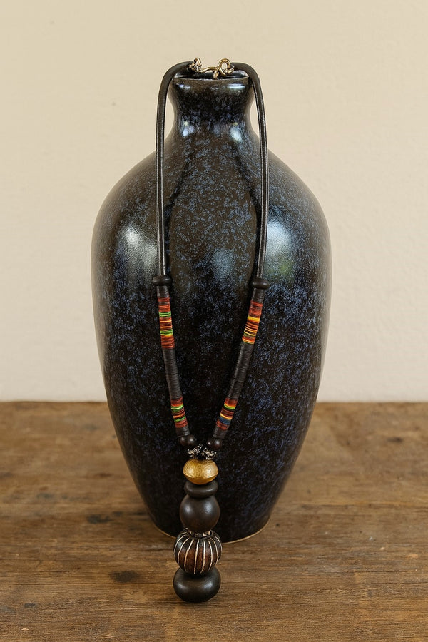 Handmade African Kofi Beads Necklace with Ebony Wood & Bonze Accents