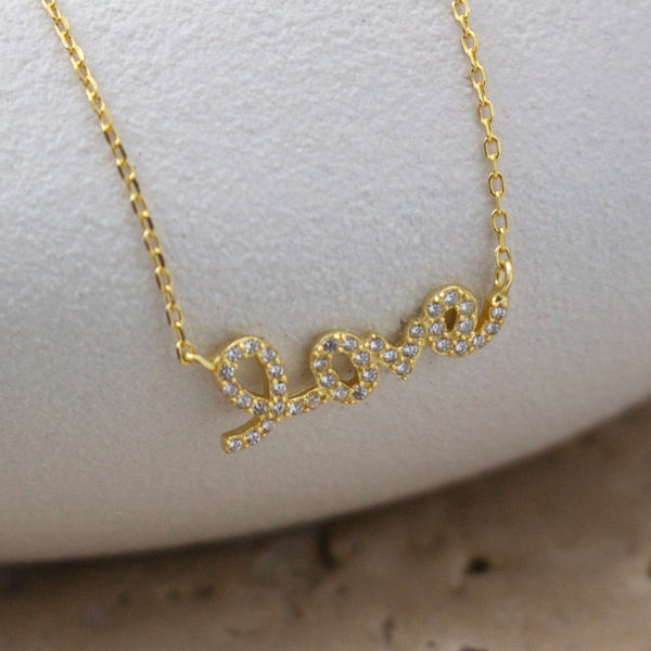14K gold plated Sterling Silver CZ Love Cursive Necklace