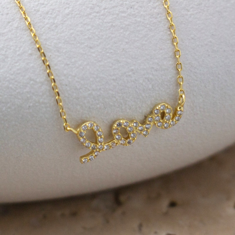 14K gold plated Sterling Silver CZ Love Cursive Necklace
