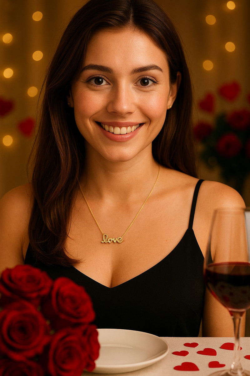 14K gold plated Sterling Silver CZ Love Cursive Necklace