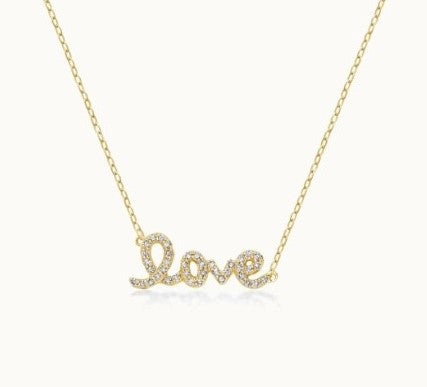 14K gold plated Sterling Silver CZ Love Cursive Necklace