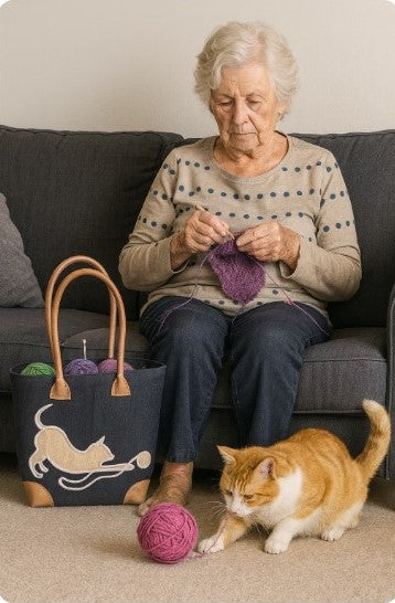 Medium Black Knitting Basket with a cat playing with a ball of wool