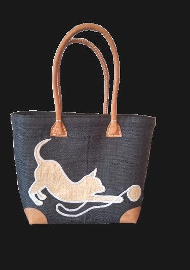 Medium Black Knitting Basket with a cat playing with a ball of wool