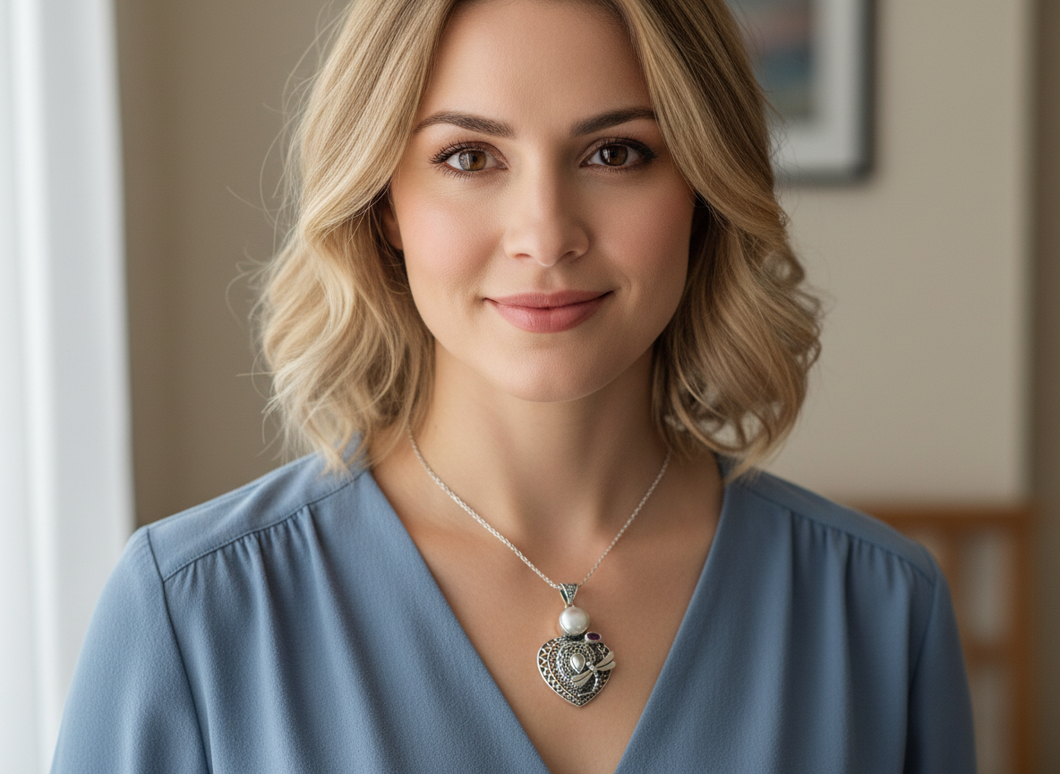 Woman wearing a 925 sterling silver heart pendant, showcasing elegant jewelry style.